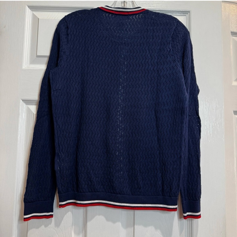 Lands' End Navy Knit Lace Cardigan Varsity Stripe Medium - Picture 3 of 10